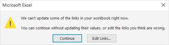We can't update some of the links in your workbook right now // Notification // Find external references in your Excel file // PerfectXL Academy