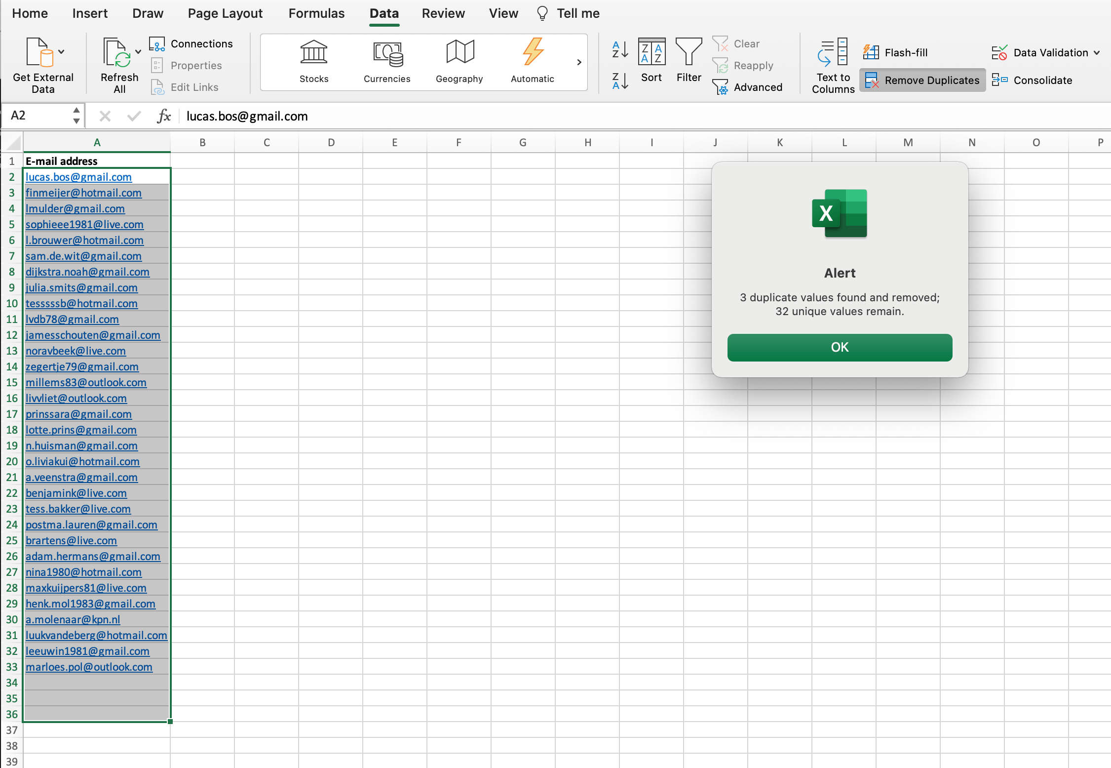 Result of simple deduplication in Excel // PerfectXL Academy