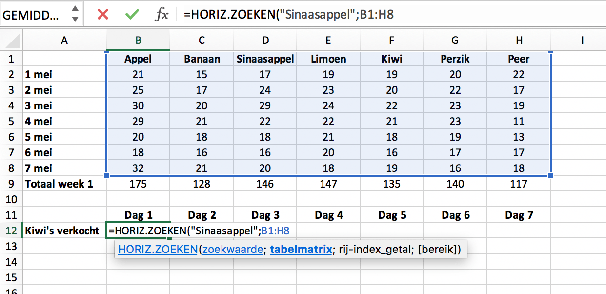 Table array van de HLOOKUP functie // PerfectXL Academy