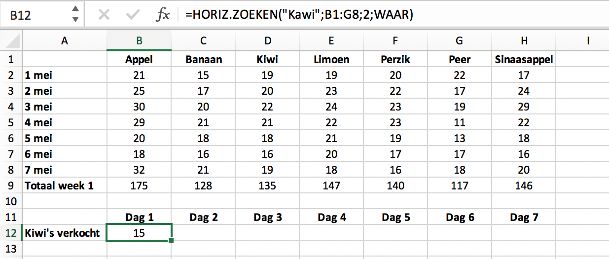 Voorbeeld HORIZ.ZOEKEN functie met niet exacte match // PerfectXL Academy