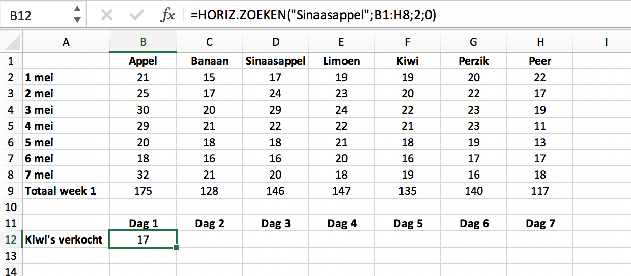 Resultaat van de HORIZ.ZOEKEN (HLOOKUP) functie // PerfectXL Academy