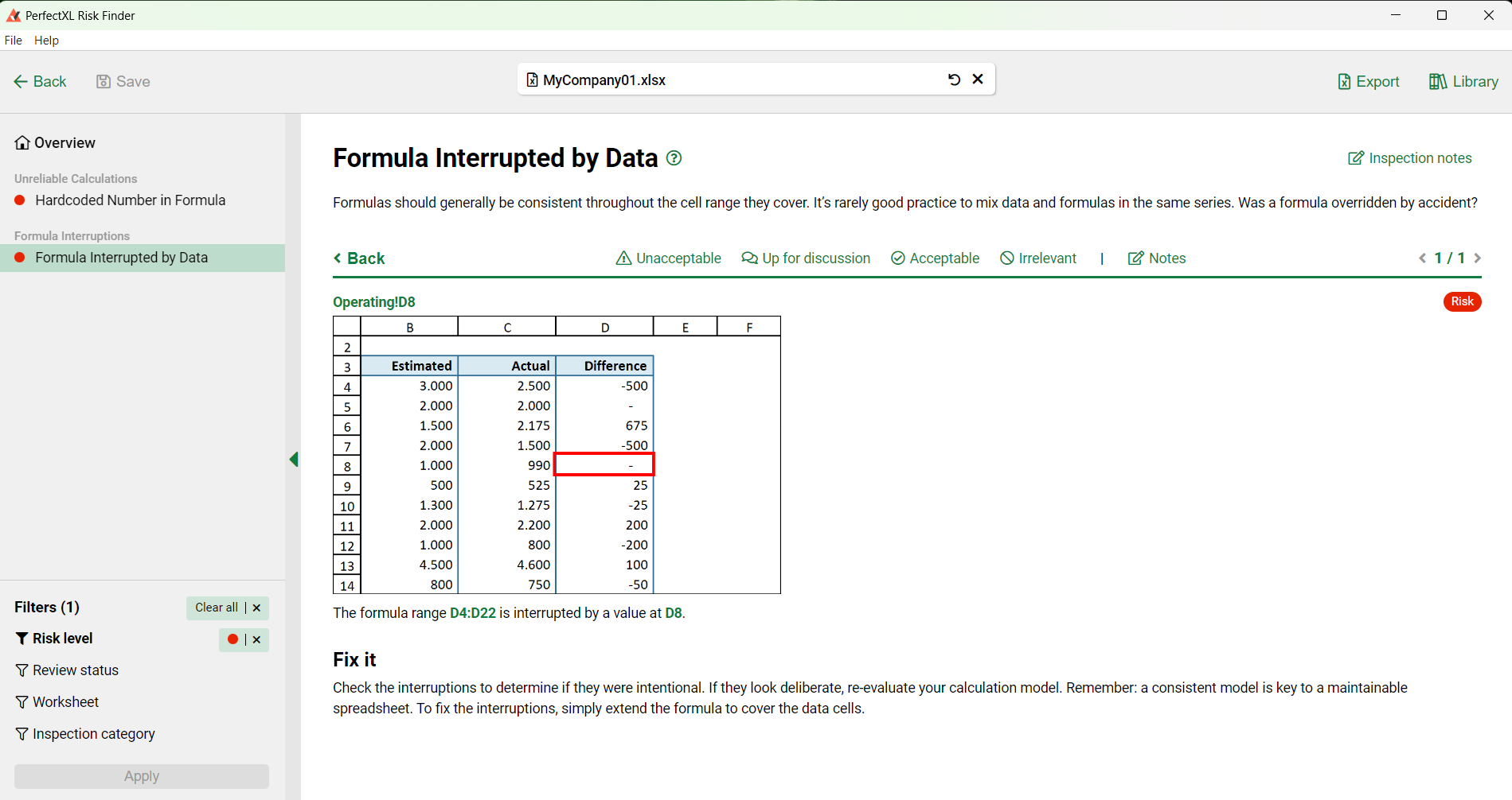 Details of a risk found in Excel model and quick fix option // PerfectXL