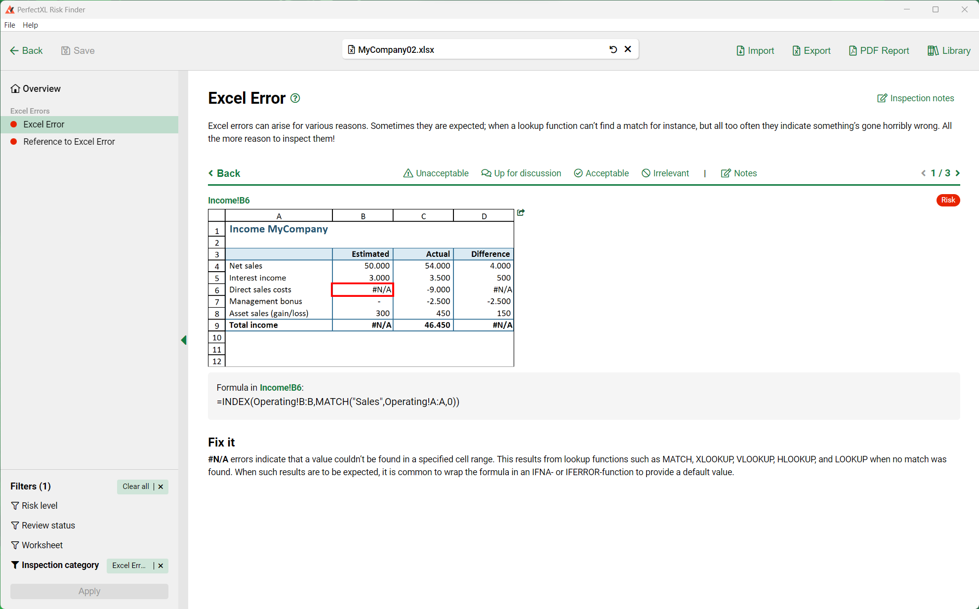 Details van een Excel-foutmelding in PerfectXL Risk Finder // PerfectXL