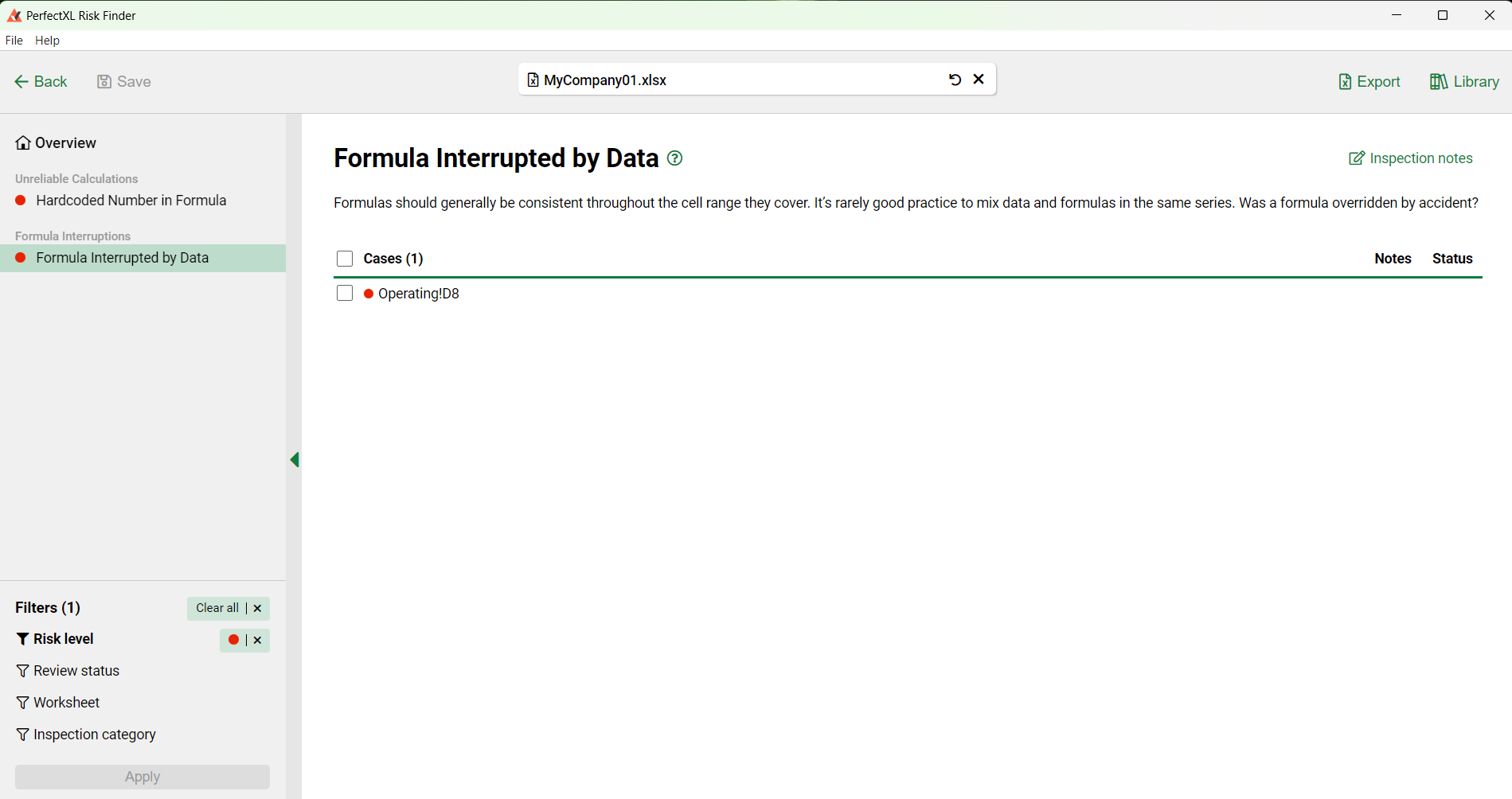 Example of a formula interrupted by data found in Excel model // PerfectXL