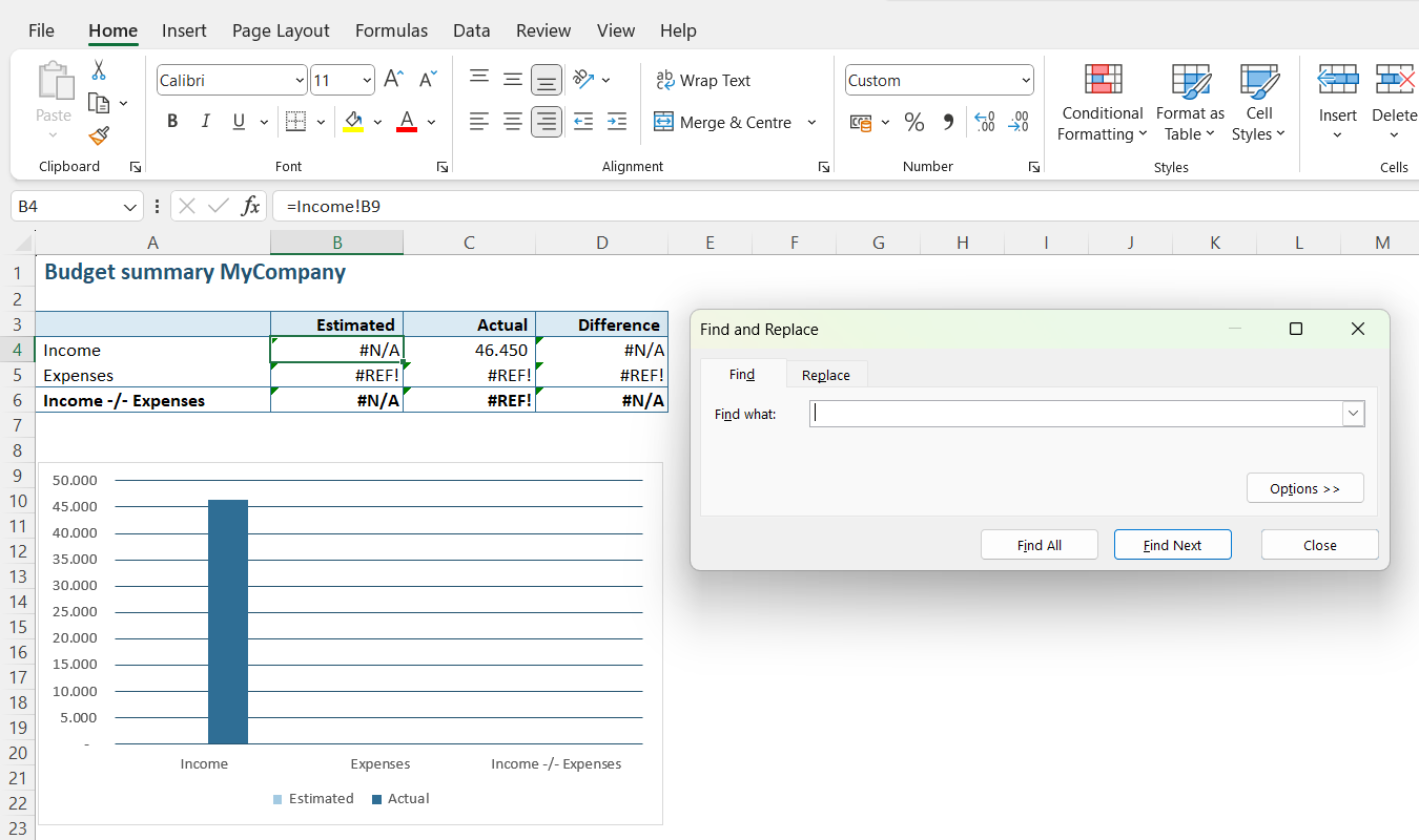 Open het zoekvenster in Excel om Excel-foutmeldingen handmatig op te zoeken // PerfectXL