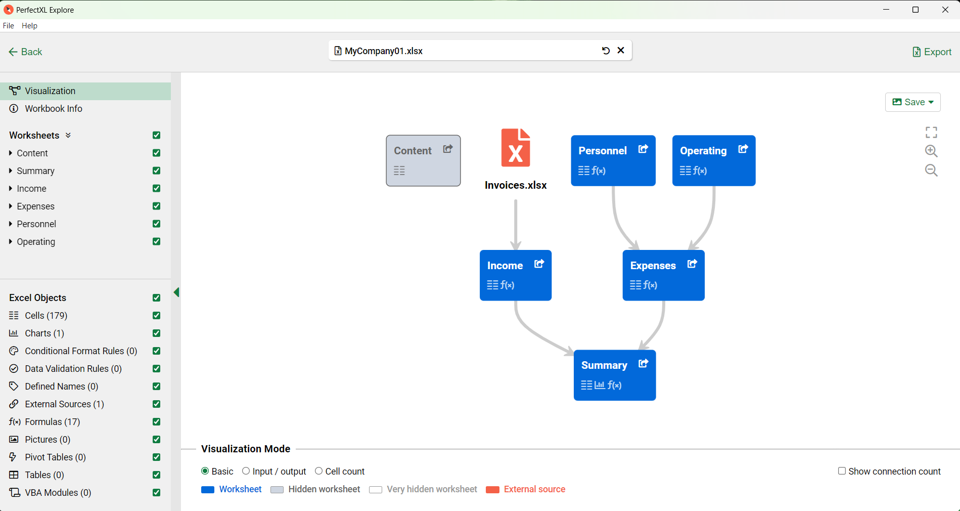 Find risks in Excel in a spreadsheet visualization in PerfectXL Explore // PerfectXL