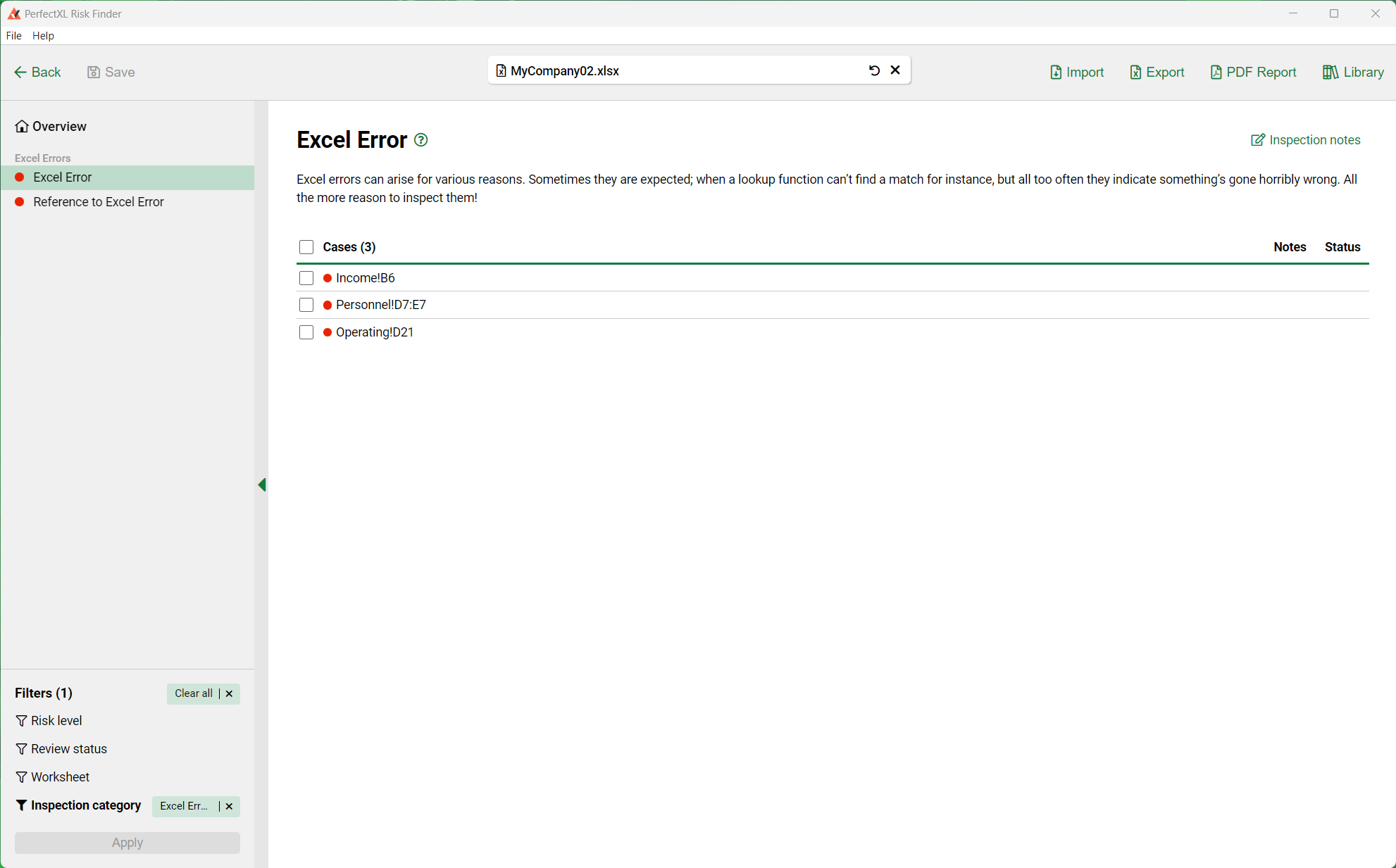 Overview of Excel errors in PerfectXL Risk Finder