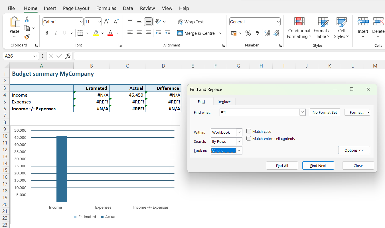 Search options for finding and resolving Excel errors // PerfectXL