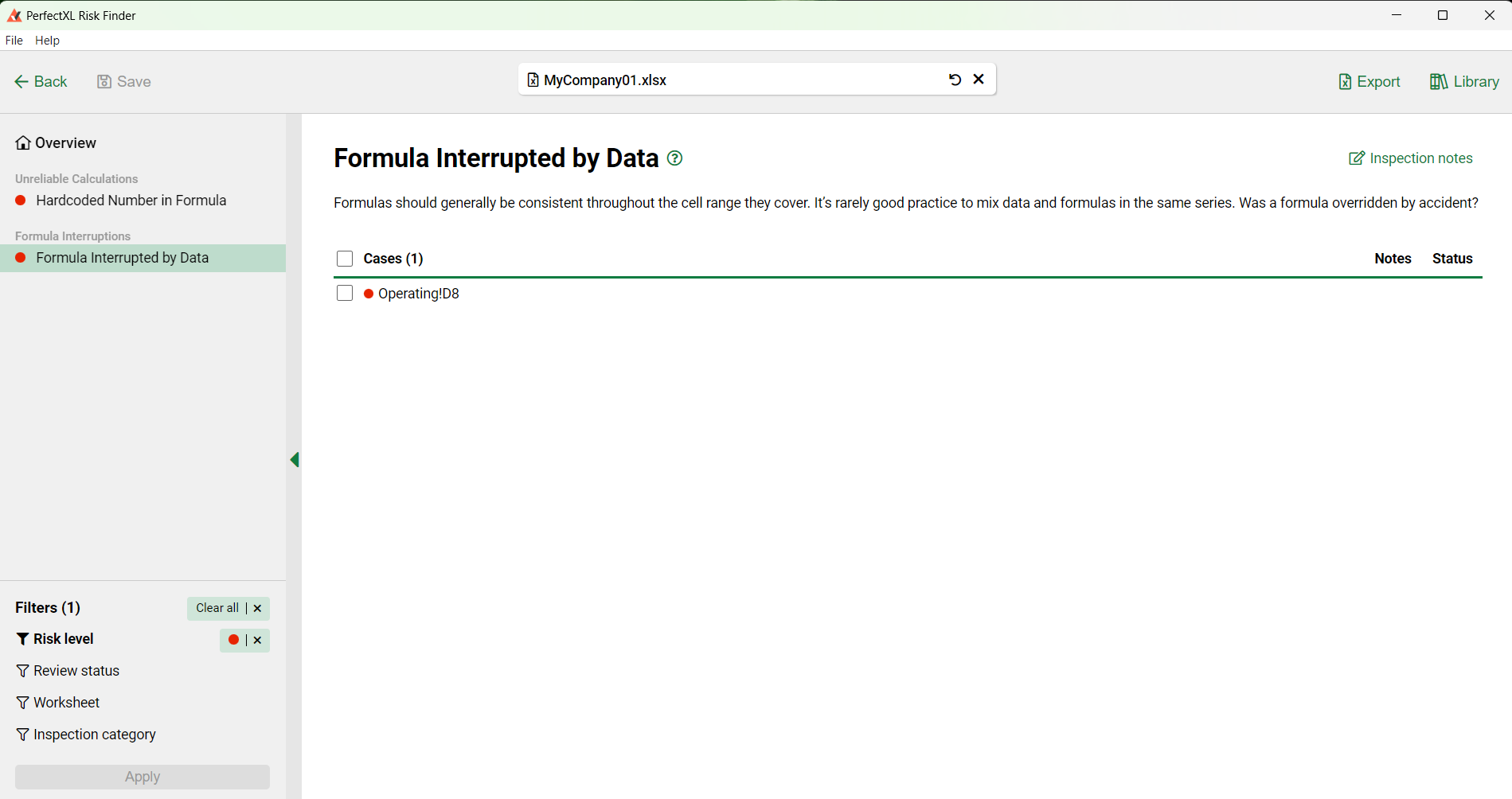 Voorbeeld van "Formula interrupted by data" in PerfectXL Risk Finder