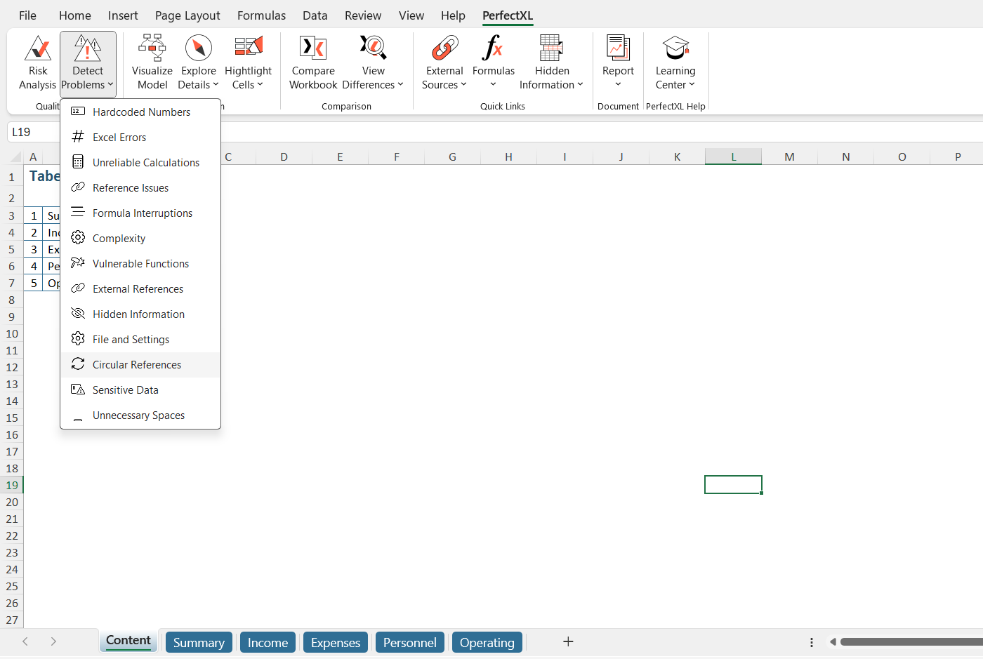 Check for circular references from the PerfectXL ribbon in Excel // PerfectXL