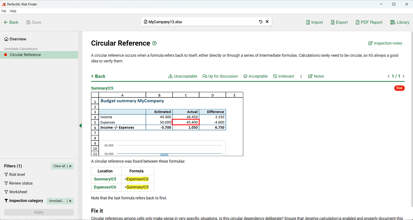 Details of a circular reference in PerfectXL Risk Finder // PerfectXL