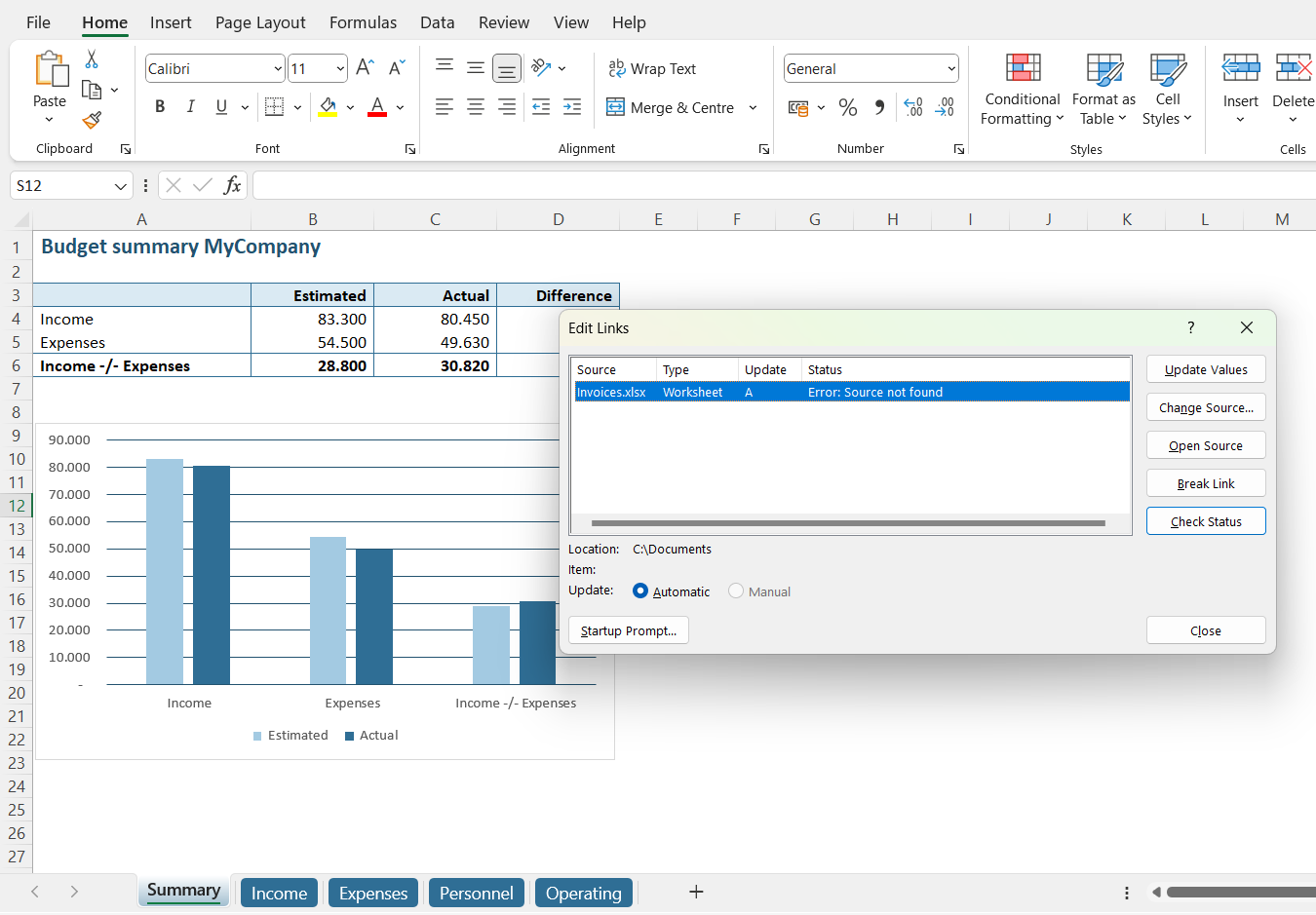 Edit links pop-up with external links in Excel file // PerfectXL