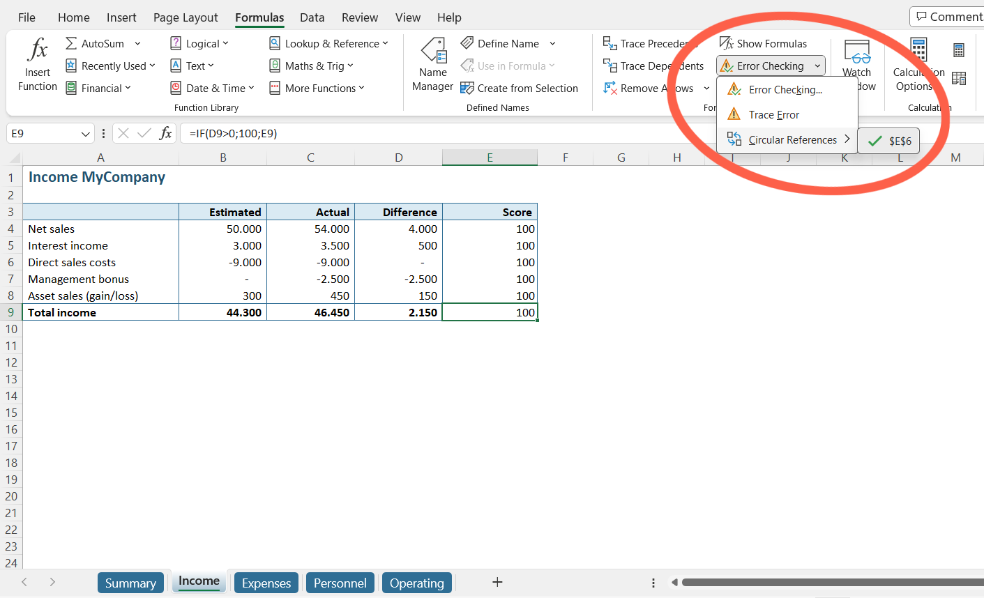 Excel Error Check finds circular reference // PerfectXL