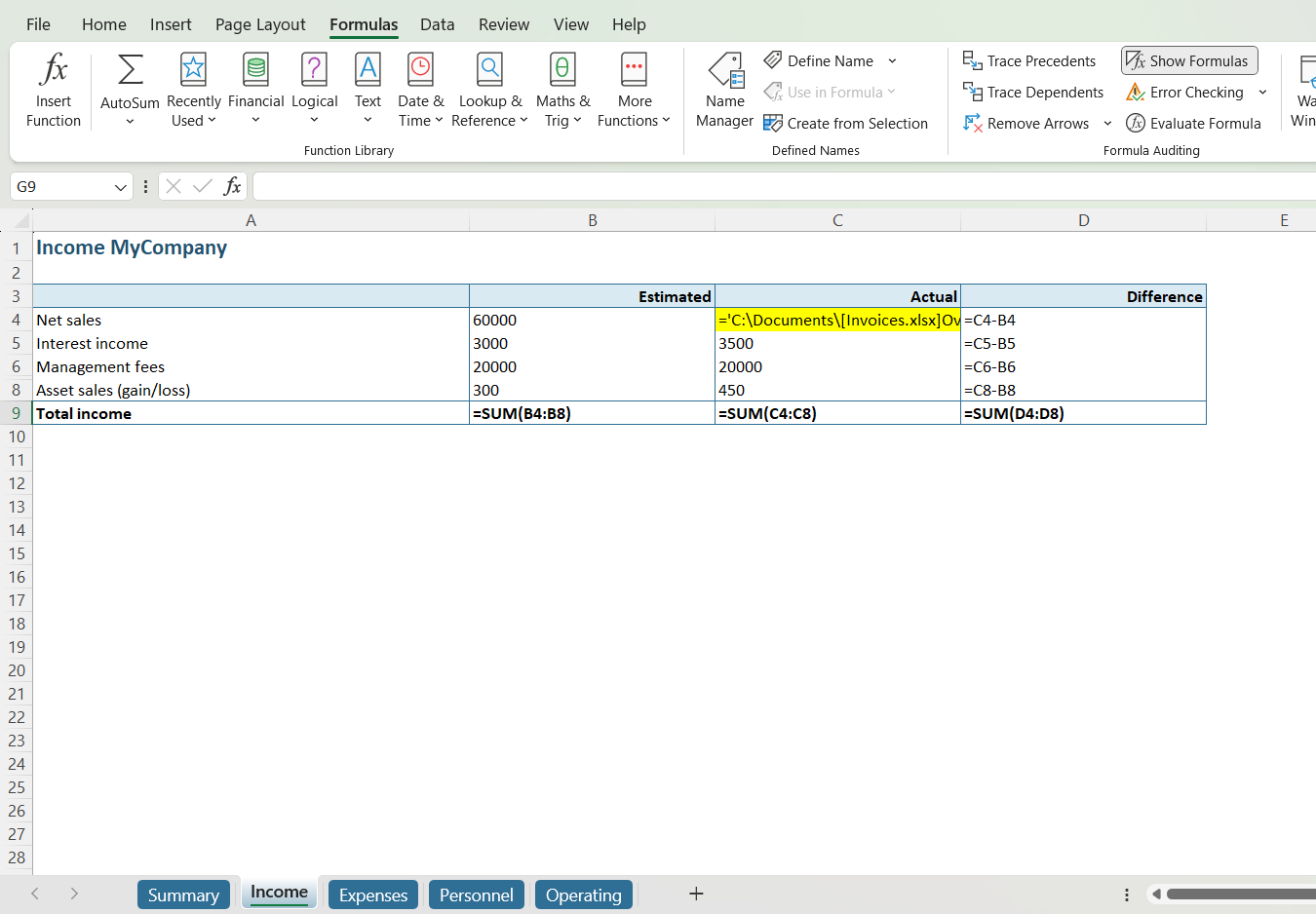 External link found on Income tab with 'Show Formulas' option // PerfectXL