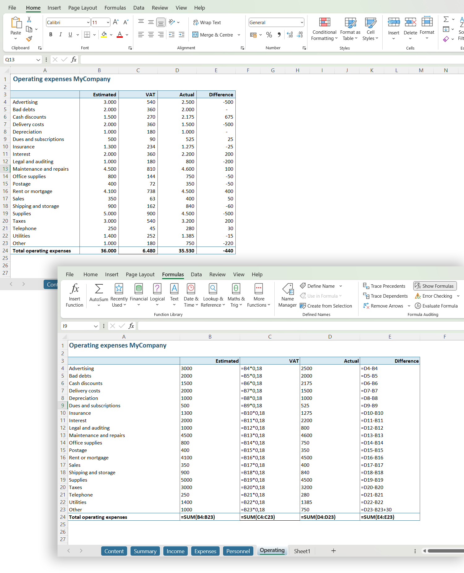 Vaste getallen opsporen met de optie "Show Formulas" // PerfectXL